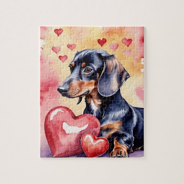Quebra-cabeça Dachshund Dog Pet Portrait Watercolor Valentine (Vertical)