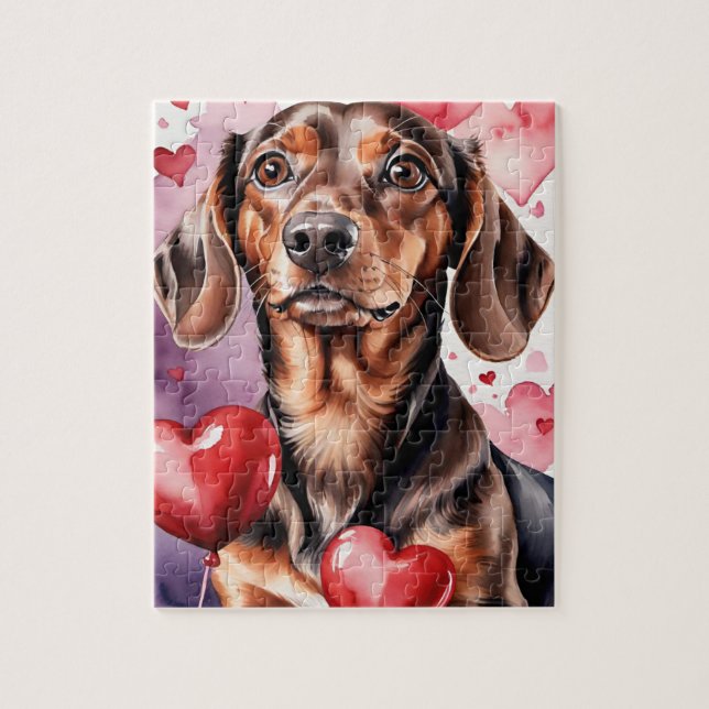 Quebra-cabeça Dachshund Dog Pet Portrait Watercolor Valentine (Vertical)