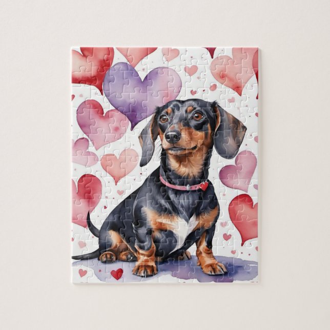 Quebra-cabeça Dachshund Dog Pet Portrait Watercolor Valentine (Vertical)