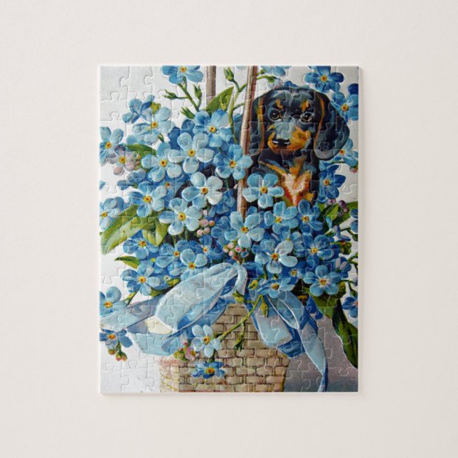 Quebra-cabeça Dachshund e Forget-Me-Nots (Vertical)