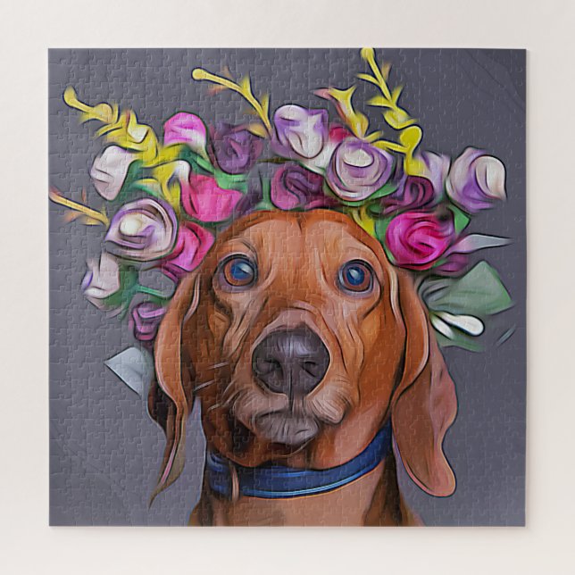 Quebra-cabeça Dachshund Fechar As Flores De Dachshund Vestindo (Vertical)