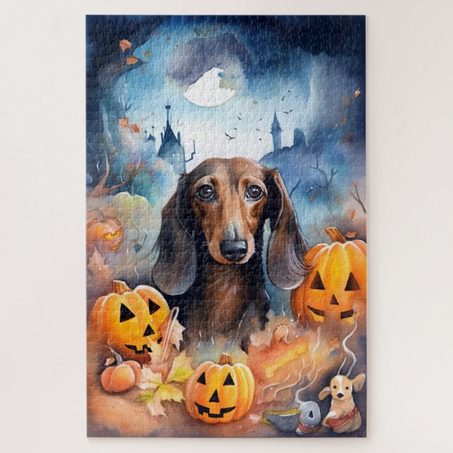 Quebra-cabeça Dachshund Halloween Com Pumpkins Assustado (Vertical)