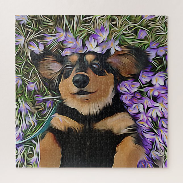 Quebra-cabeça Dachshund Laying In Purple Flowers (Vertical)