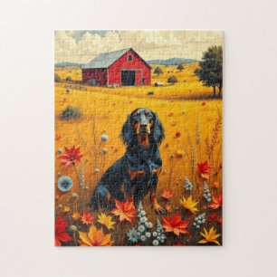 Quebra-cabeça dachshund na fazenda no outono
