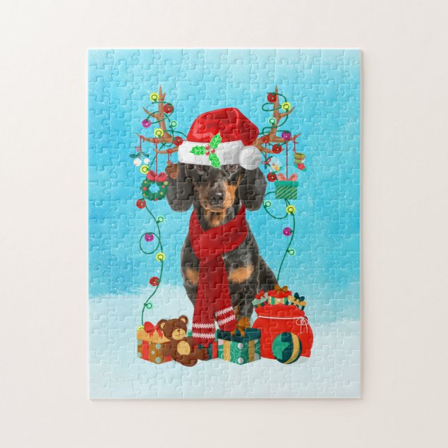 Quebra-cabeça Dachshund na neve com presentes de Natal (Vertical)
