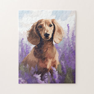 Quebra-cabeça Dachshund no campo da Lavanda
