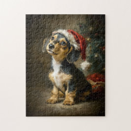 Quebra-cabeça Dachshund Puppy Christmas Painting