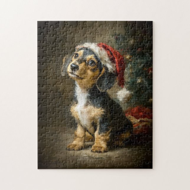 Quebra-cabeça Dachshund Puppy Christmas Painting (Vertical)