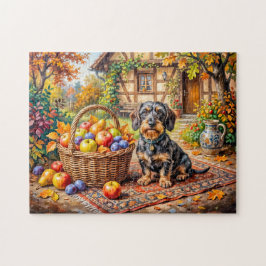 Quebra-cabeça Dachshund Sentado ao Lado da Cesta de Frutas Fazen