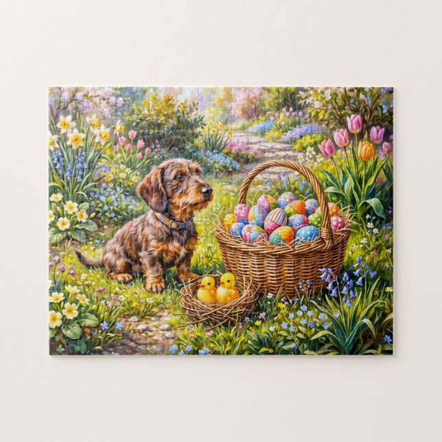 Quebra-cabeça Dachshund Sentado com Cesta de Páscoa no Jardim (Horizontal)