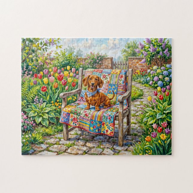 Quebra-cabeça Dachshund Sentado em Cadeira de Jardim de Patchwor (Horizontal)