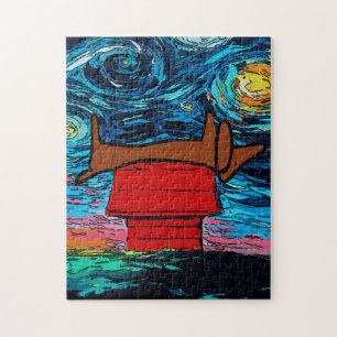 Quebra-cabeça Dachshund Starry Night no telhado