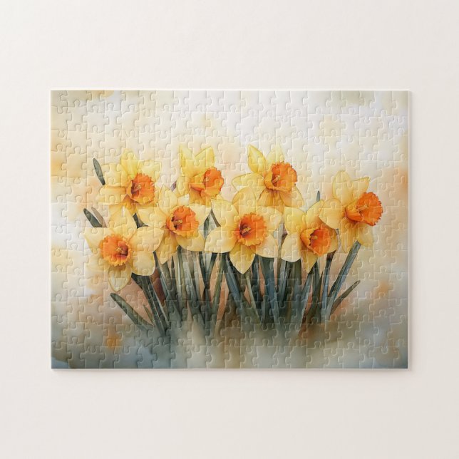 Quebra-cabeça Daffodils de aquarela amarelo e verde (Horizontal)