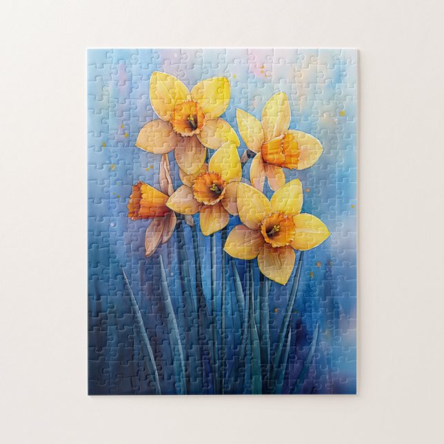Quebra-cabeça Daffodils de Aquarela Fundo Azul (Vertical)