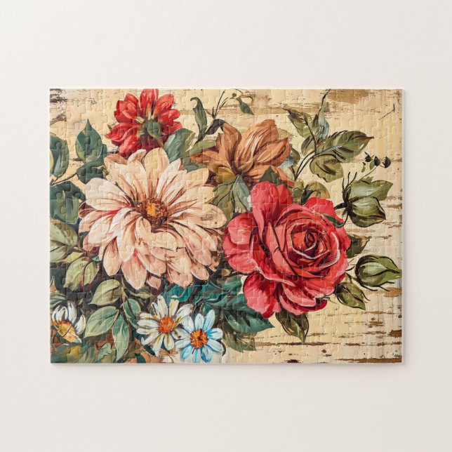 Quebra-cabeça Dahlias and Roses on Cracked Wooden Wall (Horizontal)