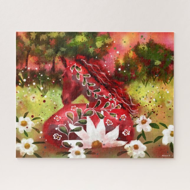 Quebra-cabeça Daisy Horse Abstrato Art Red White Floral (Horizontal)