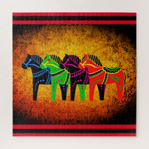 Quebra-cabeça Dala Horse, vermelho, verde, azul, preto, cavalo f