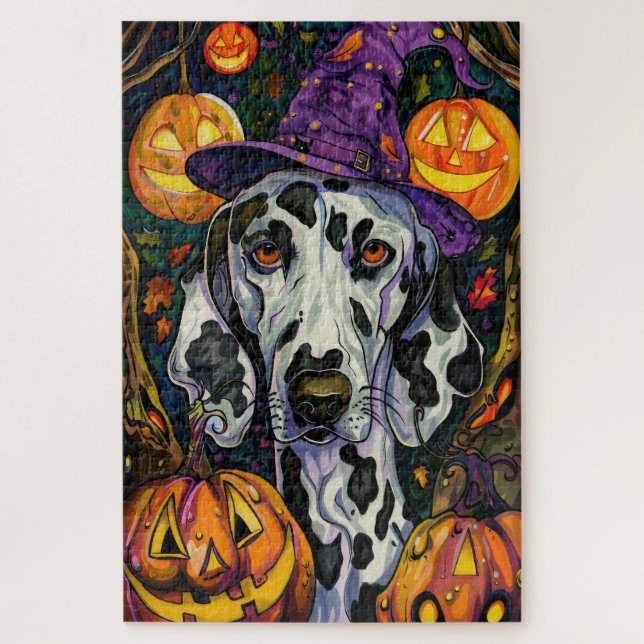 Quebra-cabeça Dálmata Assustador, Bruxa de Halloween e Abóbora (Vertical)