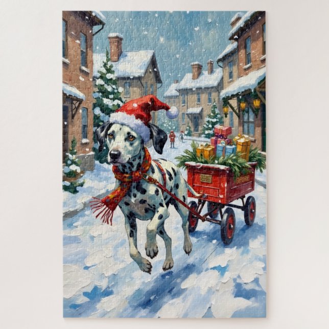 Quebra-cabeça Dalmatian Delivering Toys in Christmas Wagon Hat (Vertical)