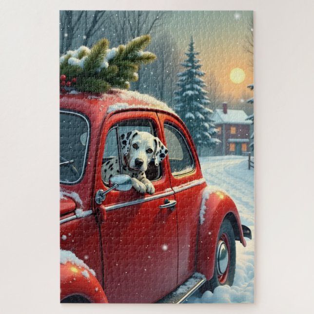 Quebra-cabeça Dalmatian Snowy Car Ride Christmas Painting (Vertical)