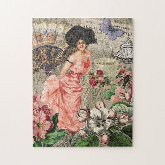 Quebra-cabeça Dama do Café Mulher Vitoriana Rosa Vestido Rico (Vertical)