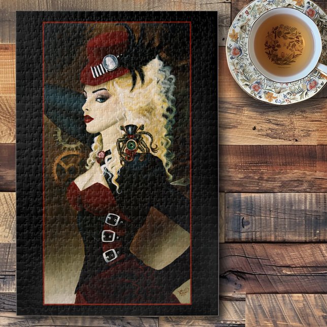 Quebra-cabeça Dama Elegante Relógio Vermelho Steampunk Vitoriano (Criador carregado)