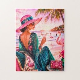 Quebra-cabeça Dama Glam Chic em Praia Tropical com Tema de Flami