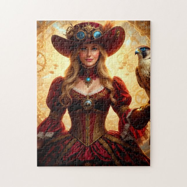 Quebra-cabeça Dama Steampunk Viajante no Tempo com Falcão (Vertical)