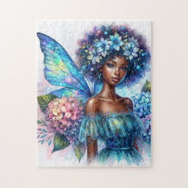 Quebra-cabeça Dark-Skinned Fairy With Afro and Hydrangeas Puzzle