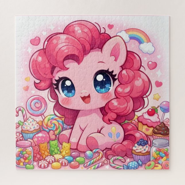 Quebra-Cabeça de Arte Chibi de Pônei Rosa Kawaii (Vertical)