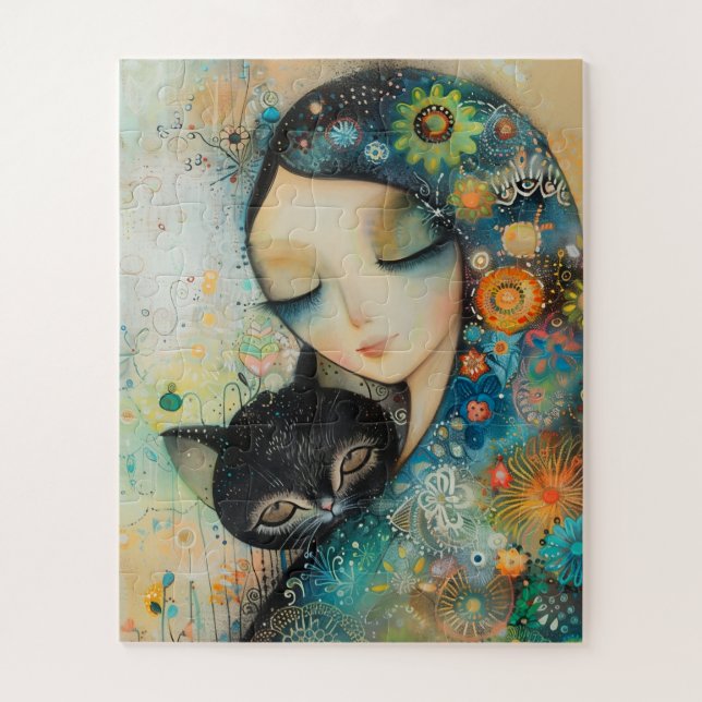 QUEBRA-CABEÇA DE ARTE DE MENINA E GATO (Vertical)