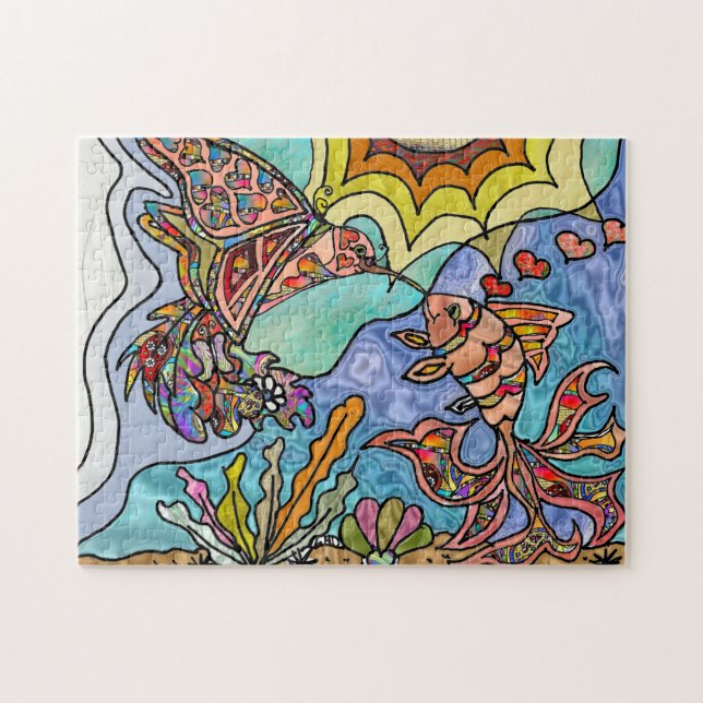 Quebra-cabeça de Arte Fantasia com Beija-flor Peix (Horizontal)