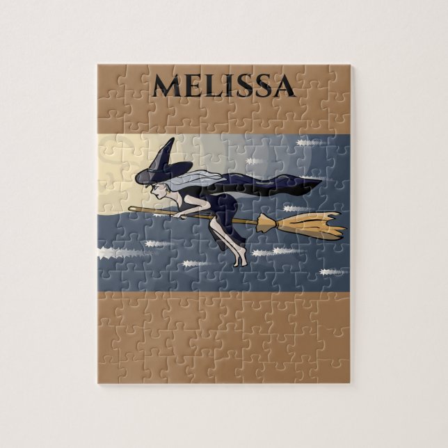 Quebra-cabeça de bruxa com nome personalizado. (Vertical)