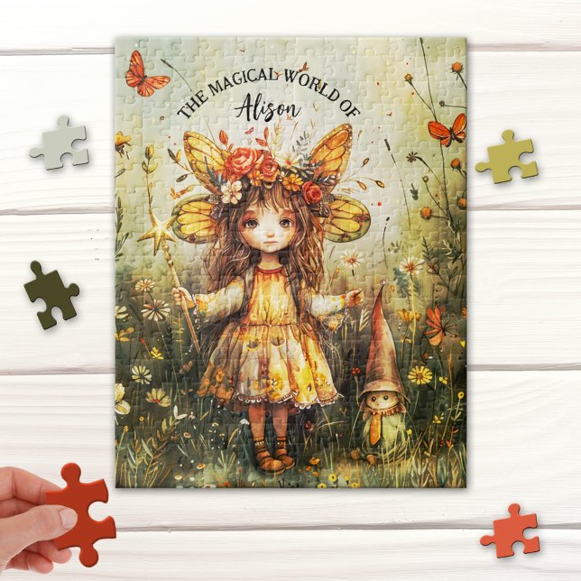 Quebra-cabeça de Fada e Gnomo (Puzzle featuring a cute fairy with a gnome in an enchanted magical garden)