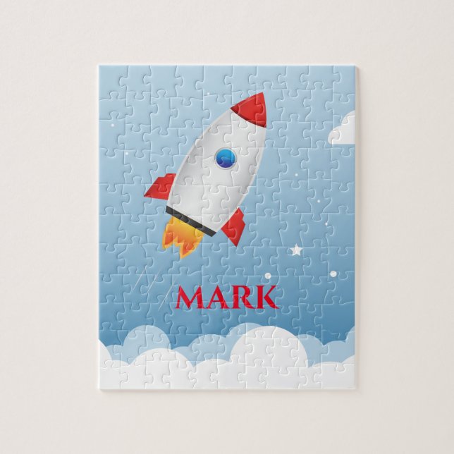Quebra-cabeça de foguete com nome de criança. (Vertical)