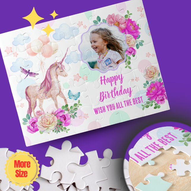 Quebra-cabeça de Foto Personalizada do Unicórnio M (Magical Unicorn Personalized Photo Jigsaw Puzzle - Pink & Purple Watercolor Dream)