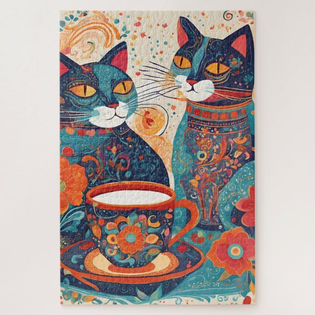 quebra-cabeça de gatos bebendo café (Vertical)