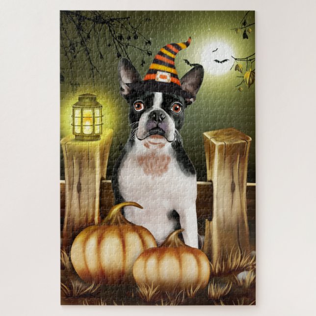 Quebra-cabeça de Halloween do Boston Terrier. (Vertical)