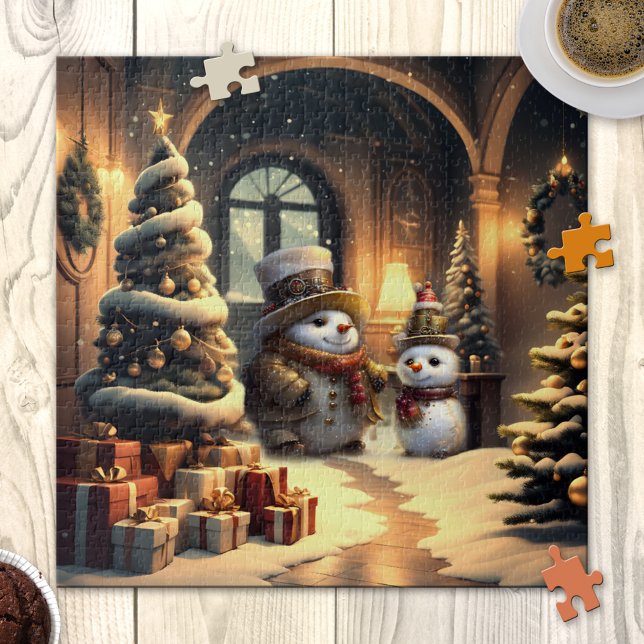Quebra-cabeça de Natal Bonito Steampunk Snowman (Puzzle featuring a cute Christmas scene with steampunk snowmen. )