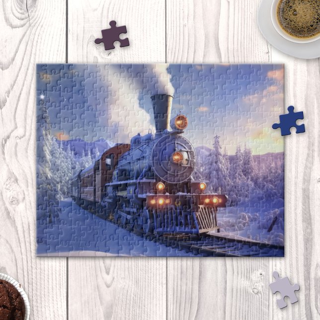 Quebra-cabeça de Natal da Locomotiva do Comboio de (Puzzle featuring a steam train locomotive in a snow covered winter landscape at sunset)