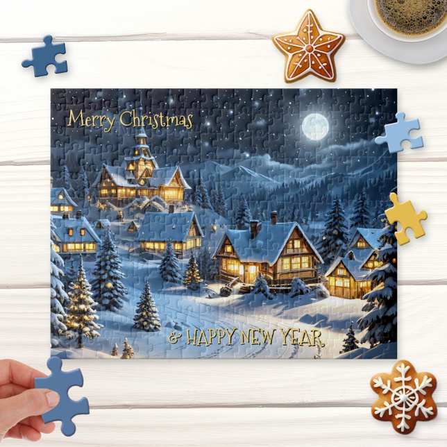 Quebra-cabeça de Natal da Maravilha de inverno mág (Puzzle featuring a peaceful illustration of a winter wonderland with festively lit Christmas trees)