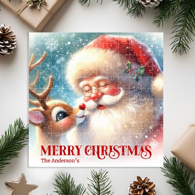 Quebra-cabeça de Natal personalizado de Rudolph e  (Custom Rudolph and Santa Christmas Puzzle for Kids)