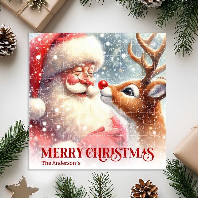 Quebra-cabeça de Natal Personalizado do Papai Noel (Personalized Santa and Rudolph Kids Xmas Puzzle Gift)