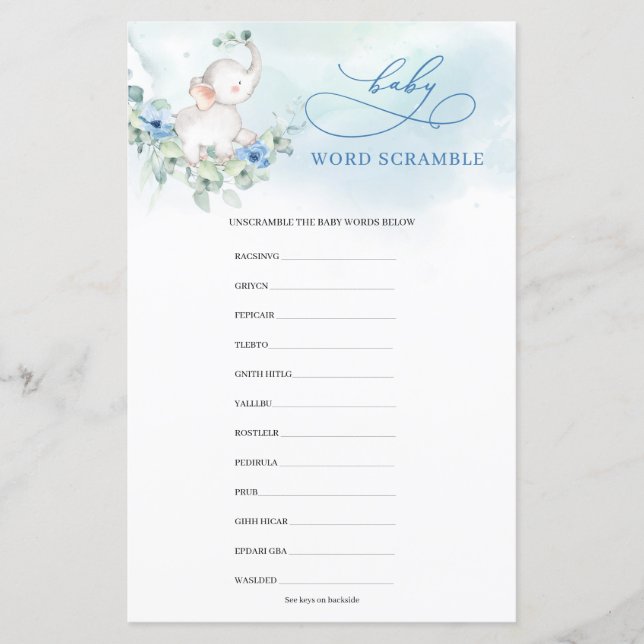 Quebra-cabeça de palavras de Bebê elefante aquarel (Frente)