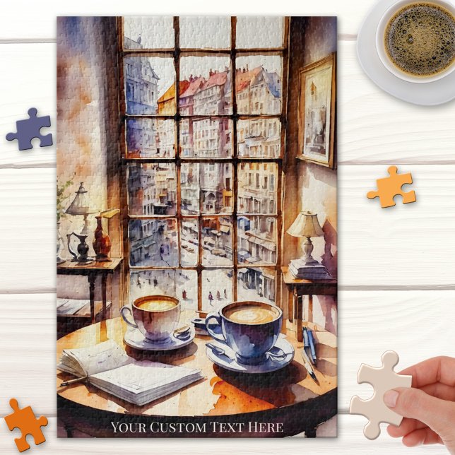 Quebra-cabeça de Sobretaxa de Café da Cidade Retro (Retro puzzle featuring a watercolor painting of two coffees - with a view on sunny European city)