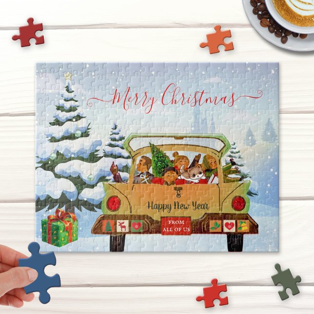 Quebra-cabeça de viagem de Natal bonito (Personalized puzzle featuring a family with cat driving home in their car through winter wonderland)