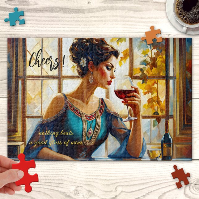 Quebra-cabeça de vinho tinto de arte divertida (Puzzle featuring a colorful painting of a lady drinking a glass of red wine.)