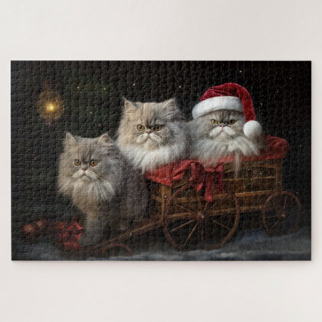 Quebra-cabeça Decado de Natal de Gato Persa Snowy Sleigh (Horizontal)