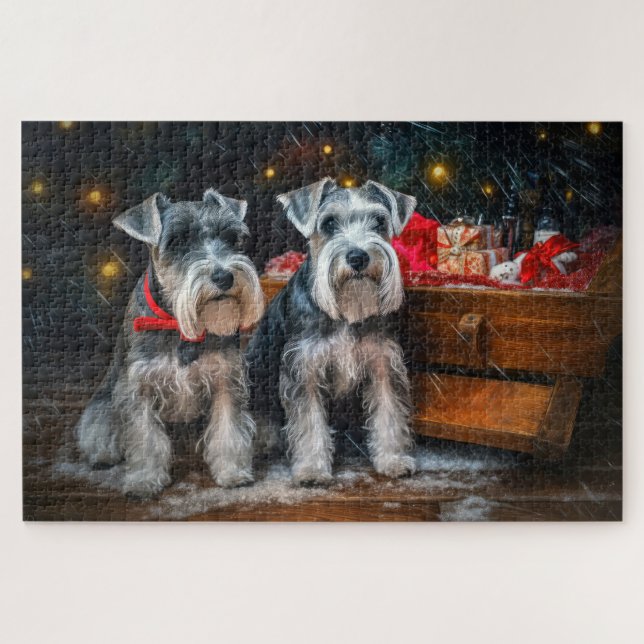 Quebra-cabeça Decoração de Natal de Schnauzer Snowy Sleigh (Horizontal)