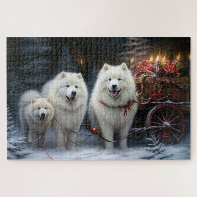Quebra-cabeça Decoração de Natal Samoyed Snowy Sleigh (Horizontal)